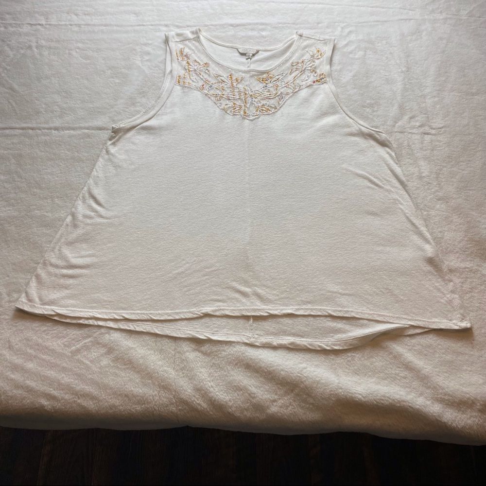 Lucky Brand Linen Blend Embroidered Mesh Front Tank Size Large